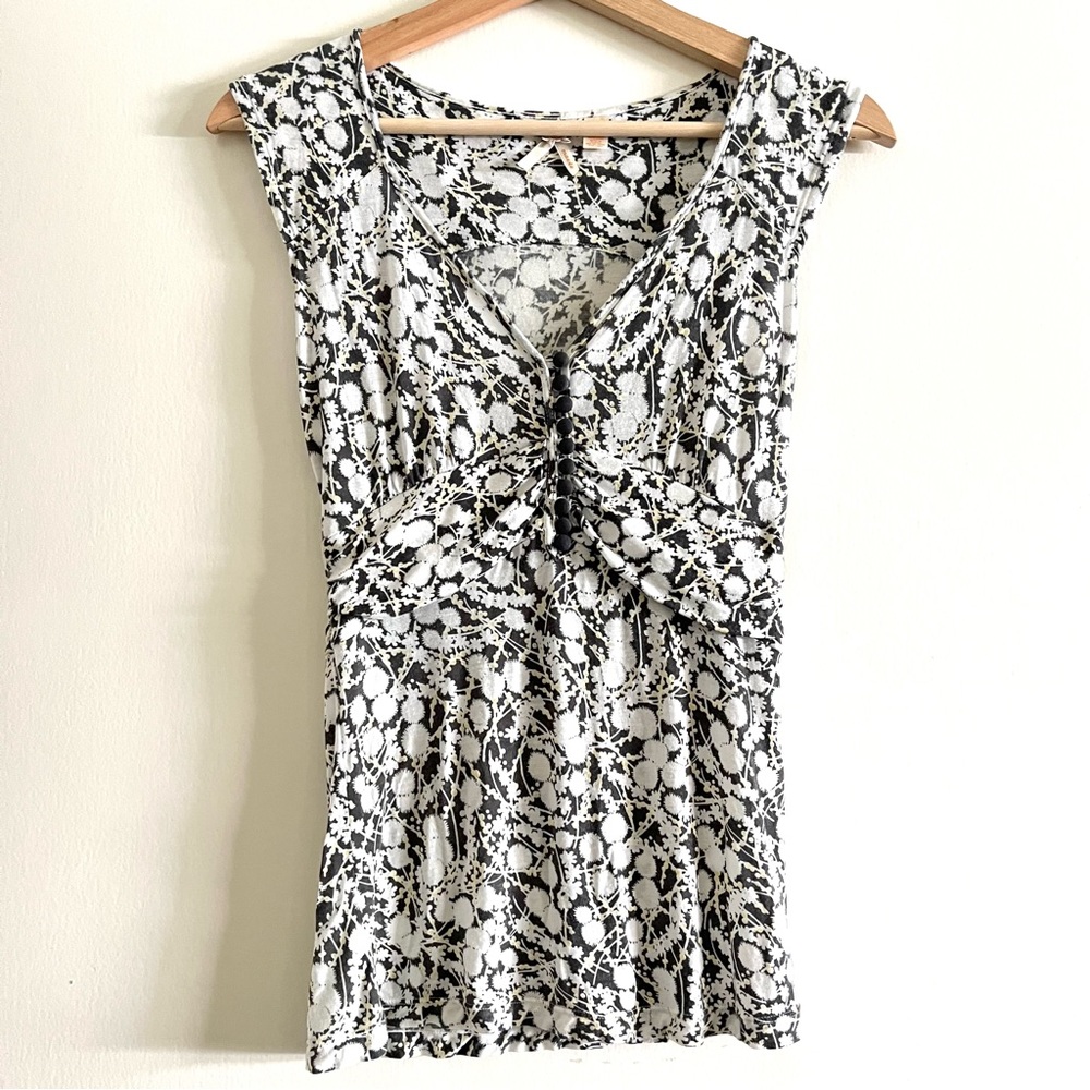 Maeve by Anthropologie White Black Dandelion Floral Print Cap Sleeve